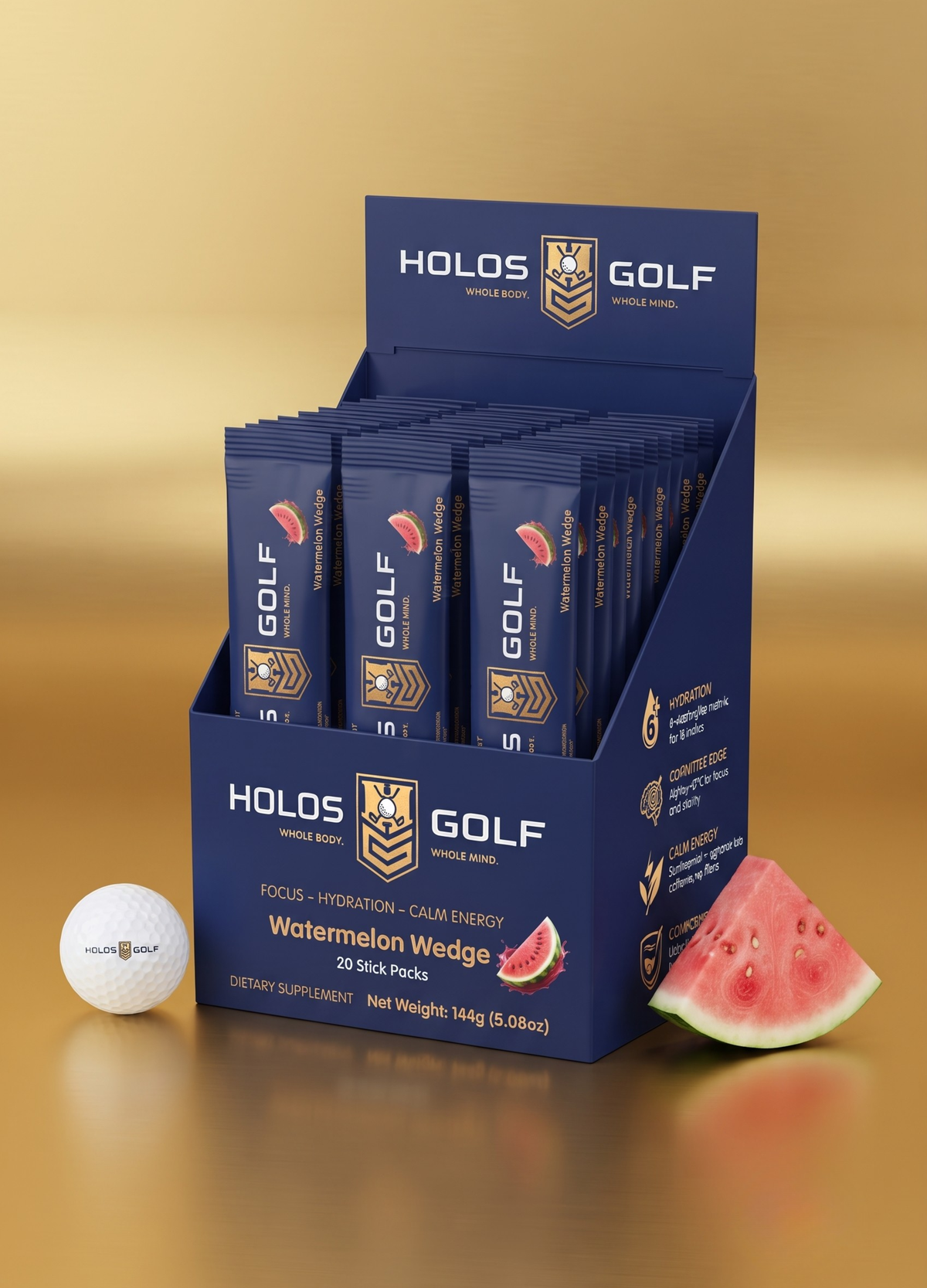 Holos Golf Performance Watermelon Wedge stick pack box, golf hydration and focus supplement with 20 stick packs